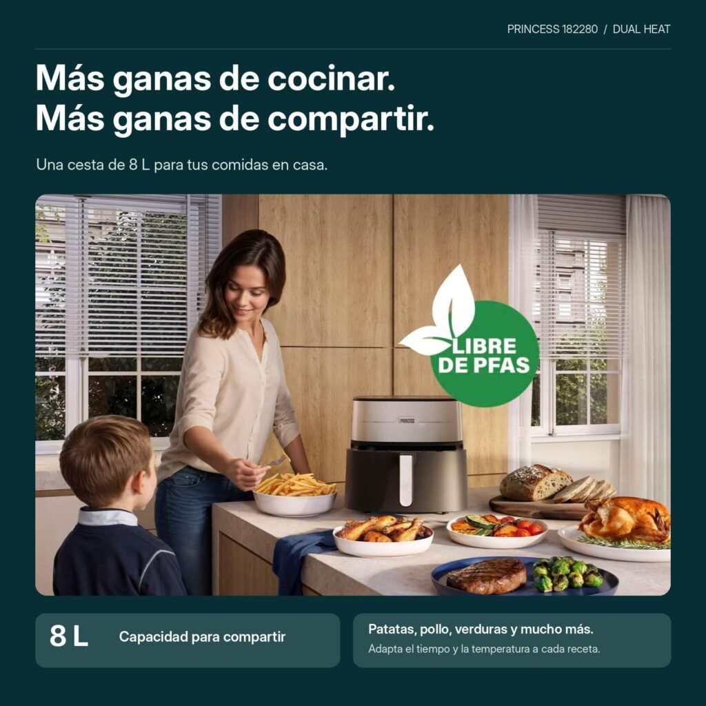 Mujer sirviendo patatas junto a un niño, con la freidora Princess 182280 y varios platos preparados sobre la encimera.