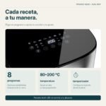 Detalle del panel de la Princess 182280 con 8 programas, temperatura ajustable de 80 a 200 °C y temporizador.