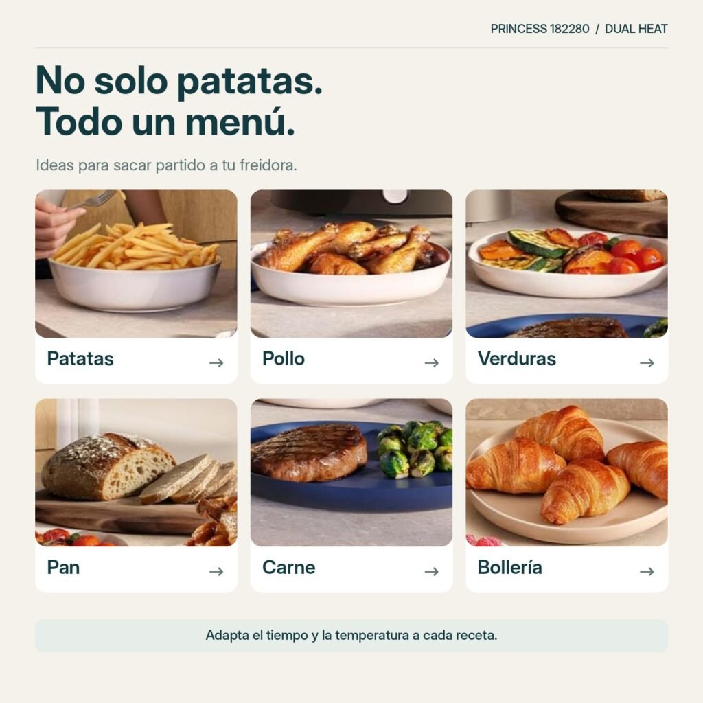 Patatas, pollo, verduras, pan, carne y bollería como ejemplos de preparaciones para la freidora de aire Princess 182280.